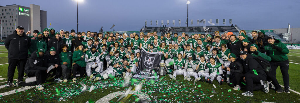 The University of Saskatchewan Huskies celebrate winning the Mitchell Bowl and advancing to the Vanier Cup